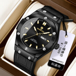BINBOND Black & Gold Luxury Quartz Men’s Watch with Day-Date Display