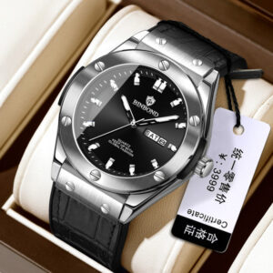 BINBOND Silver Luxury Quartz Men’s Watch with Black Dial & Day-Date Feature