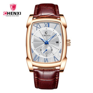 CHENXI Rose Gold Rectangular Men’s Watch – Silver Dial with Blue Roman Numerals & Brown Leather Strap