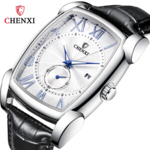 CHENXI Rectangular Luxury Men’s Watch – Silver Dial with Blue Roman Numerals & Leather Strap