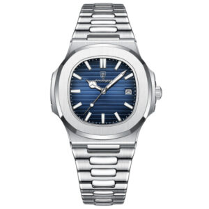 POEDAGAR Stainless Steel Luxury Men’s Watch – Blue Textured Dial with Date Display