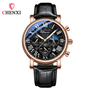 CHENXI Rose Gold Luxury Chronograph Men’s Watch – Black Dial with Roman Numerals & Leather Strap