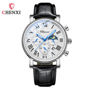 CHENXI White Dial Luxury Chronograph Men’s Watch – Roman Numerals with Moonphase & Leather Strap
